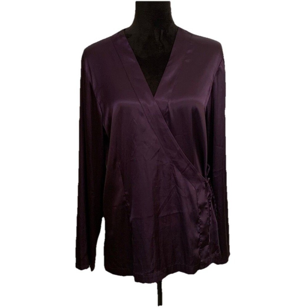 Chicos Size 2 Womens Large Top Silky True Wrap Blouse Plum Long Sleeve V Neck